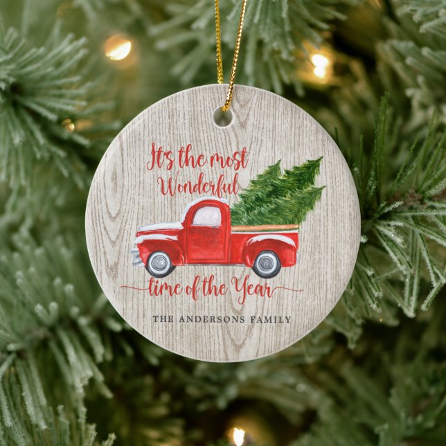 Rustic Red Truck Christmas Tree Family Ceramic Ornament (Tree)