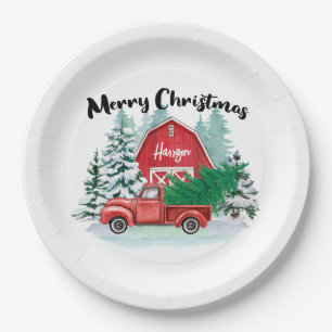 Rustic Red Truck Christmas Tree Personalised White Paper Plate