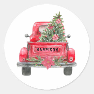 Rustic Red Truck Family Name Christmas Pine Tree Classic Round Sticker