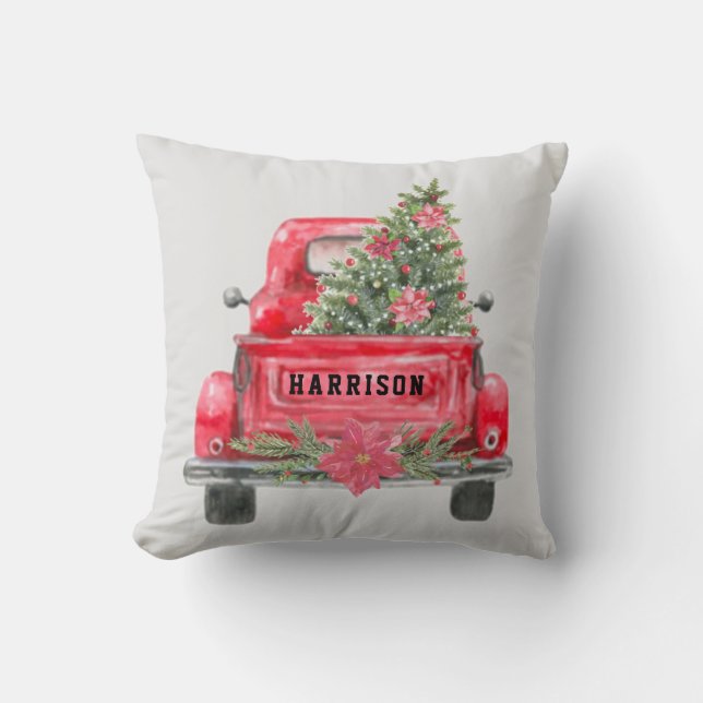 Rustic Red Truck Family Name Christmas Pine Tree Cushion (Front)