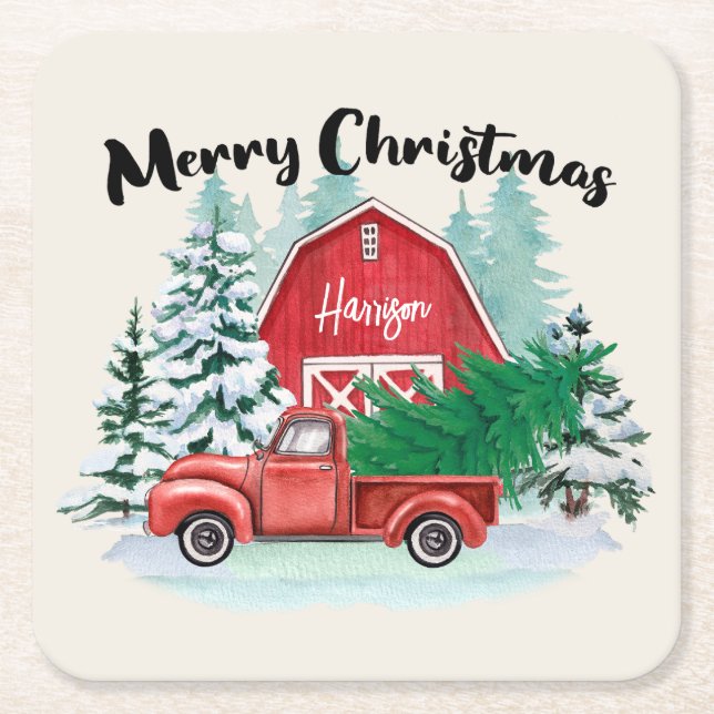  Rustic Red Truck Farmhouse Christmas Personalised Square Paper Coaster (Front)