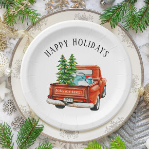 Rustic Red Truck Happy Holidays Christmas Tree Paper Plate