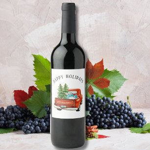 Rustic Red Truck Happy Holidays Christmas Tree Wine Label