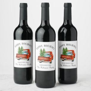 Rustic Red Truck Happy Holidays Christmas Tree Wine Label