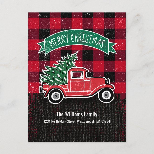 Rustic Red Truck Merry Christmas Holiday Moving Announcement Postcard (Front)