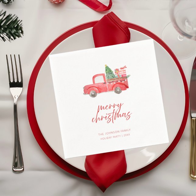 Rustic Red Truck Merry Christmas Holiday Party Napkin (Creator Uploaded)