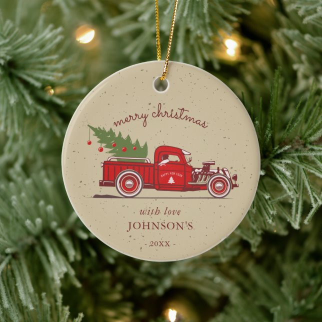 Rustic Red Truck Tree Name Photo Ceramic Ornament (Tree)