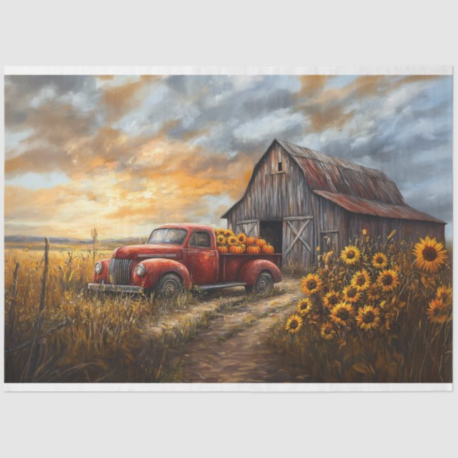 Rustic Red Truck with Pumpkins and Sunflowers Tissue Paper (Front)