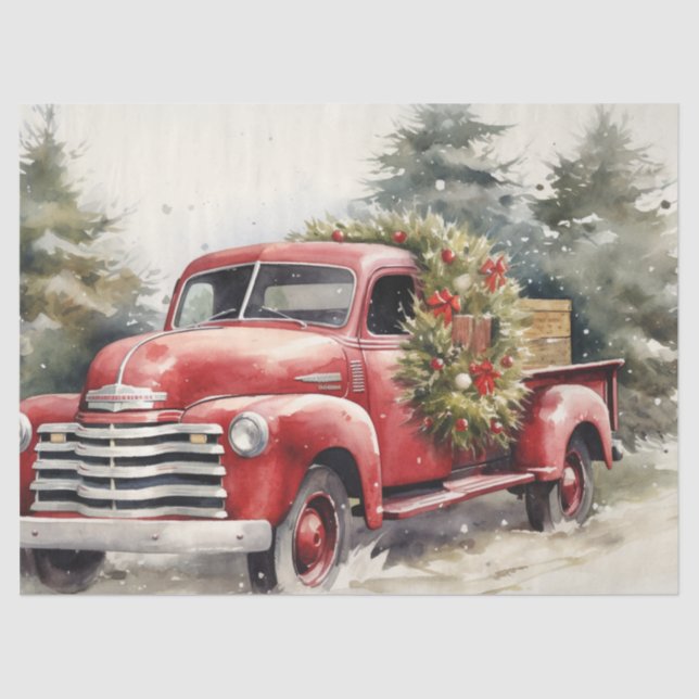 Rustic Red Truck with Snowy Christmas Trees Tissue Paper (Front)