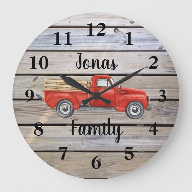 Rustic Red Truck Wood Family Name Large Clock (Front)