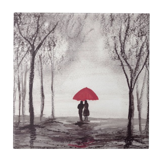 Rustic Red umbrella love couple ceramic tile (Front)