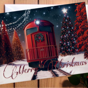 Rustic Red Watercolor Christmas Trolley Photo Card