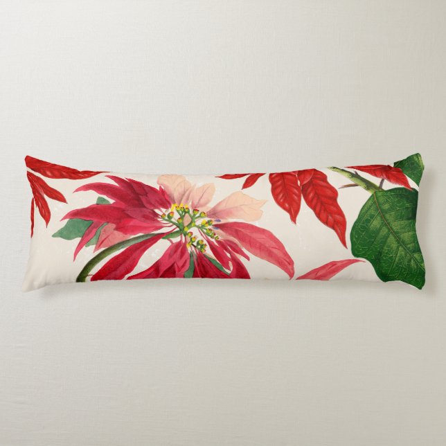 Rustic Red Watercolor Poinsettia Floral Greenery  Body Cushion (Front)
