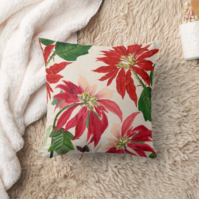 Rustic Red Watercolor Poinsettia Floral Greenery  Cushion (Blanket)