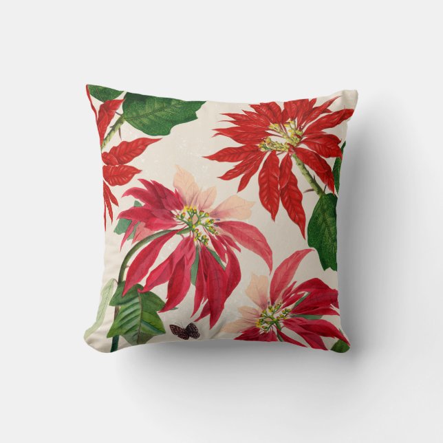 Rustic Red Watercolor Poinsettia Floral Greenery  Cushion (Front)