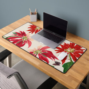 Rustic Red Watercolor Poinsettia Floral Greenery Desk Mat