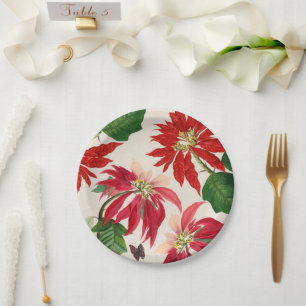 Rustic Red Watercolor Poinsettia Floral Greenery Paper Plate