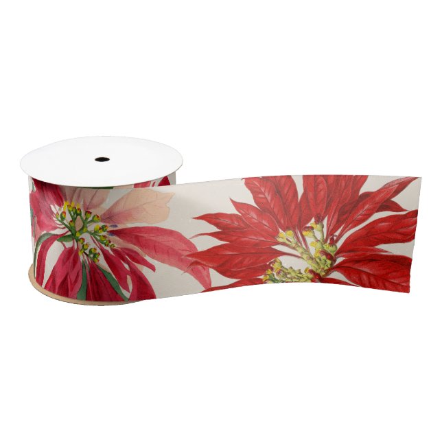 Rustic Red Watercolor Poinsettia Floral Greenery  Satin Ribbon (Spool)