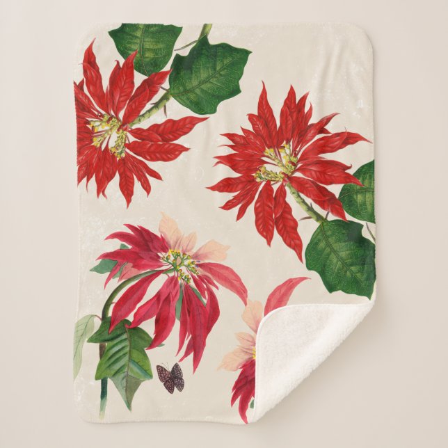 Rustic Red Watercolor Poinsettia Floral Greenery  Sherpa Blanket (Front)