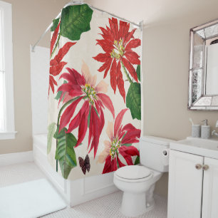 Rustic Red Watercolor Poinsettia Floral Greenery Shower Curtain
