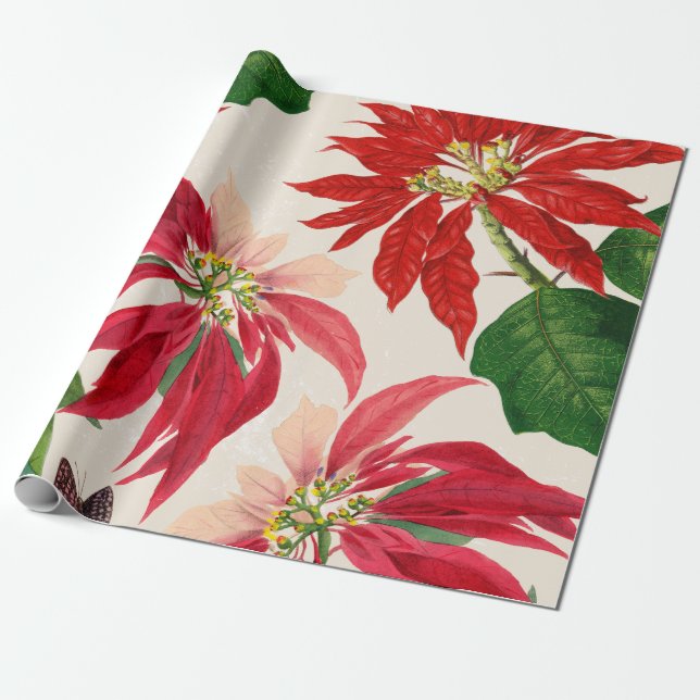 Rustic Red Watercolor Poinsettia Floral Greenery  Wrapping Paper (Unrolled)