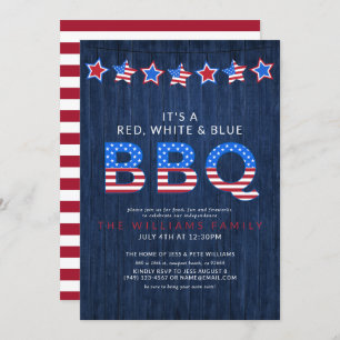 Rustic Red White & Blue BBQ Wood 4th of July Invitation