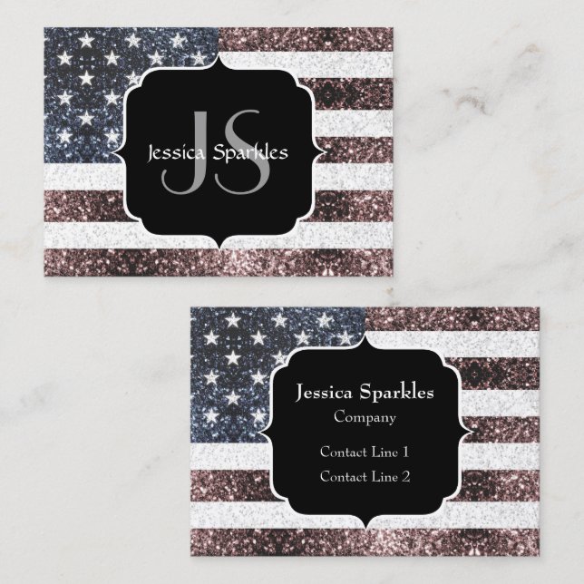 Rustic Red White Blue Sparkles USA flag Monogram Business Card (Front/Back)