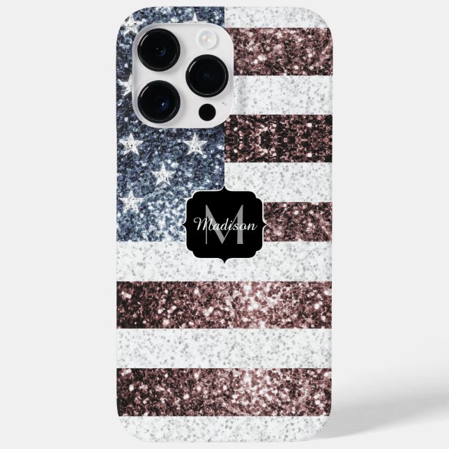Rustic Red White Blue Sparkles USA flag Monogram Case-Mate iPhone Case (Back)