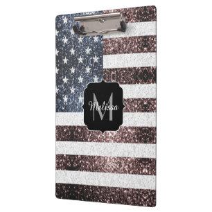 Rustic Red White Blue Sparkles USA flag Monogram Clipboard