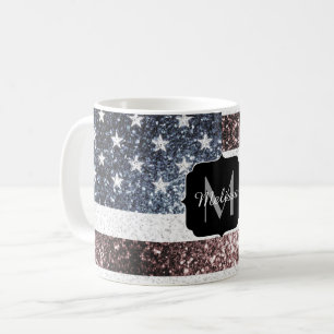 Rustic Red White Blue Sparkles USA flag Monogram Coffee Mug