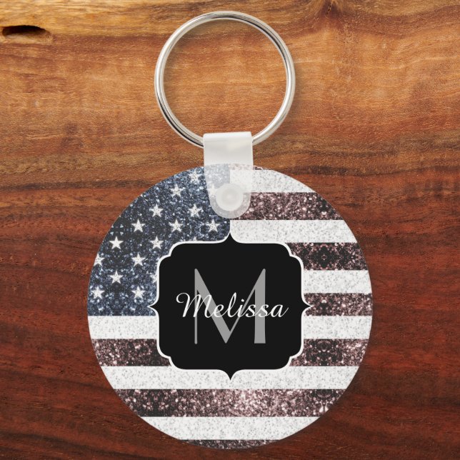 Rustic Red White Blue Sparkles USA flag Monogram Key Ring (Back)