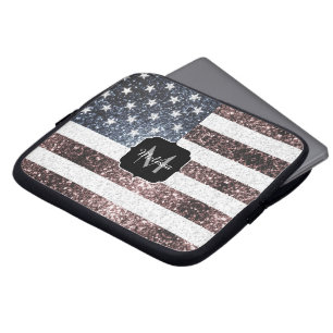 Rustic Red White Blue Sparkles USA flag Monogram Laptop Sleeve