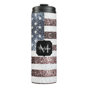 Rustic Red White Blue Sparkles USA flag Monogram Thermal Tumbler