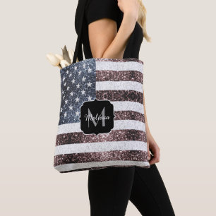 Rustic Red White Blue Sparkles USA flag Monogram Tote Bag