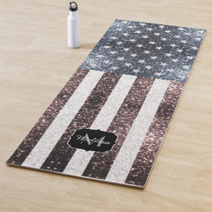 Rustic Red White Blue Sparkles USA flag Monogram Yoga Mat