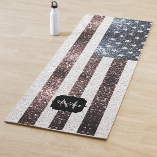 Rustic Red White Blue Sparkles USA flag Monogram Yoga Mat