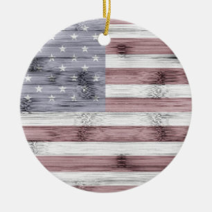 Rustic Red White Blue Wood USA flag America Ceramic Ornament