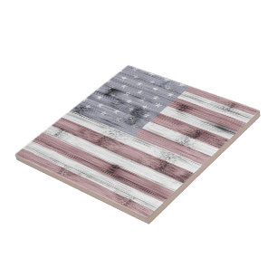 Rustic Red White Blue Wood USA flag America Ceramic Tile