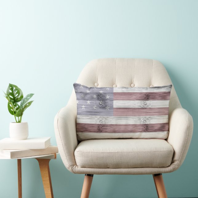 Rustic Red White Blue Wood USA flag America Lumbar Cushion (Chair)