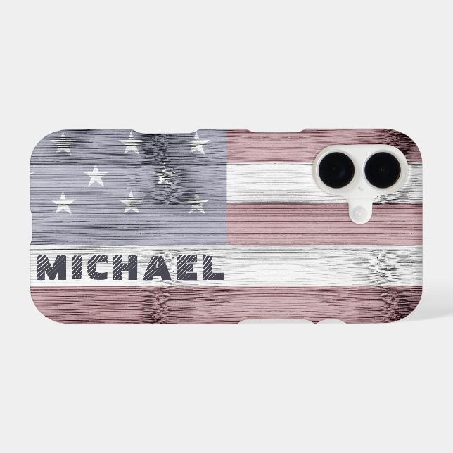 Rustic Red White Blue Wood USA flag Monogram iPhone Case (Back Horizontal)
