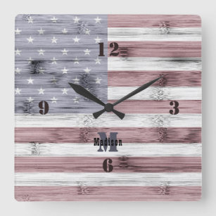 Rustic Red White Blue Wood USA flag Monogram Square Wall Clock