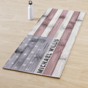 Rustic Red White Blue Wood USA flag Monogram Yoga Mat