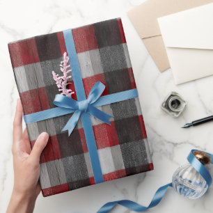 Rustic Red White Check Barnwood Plaid Pattern Wrapping Paper