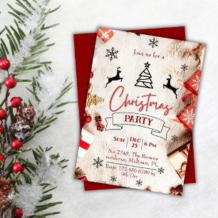 Rustic red & white festive elegant Christmas Invitation
