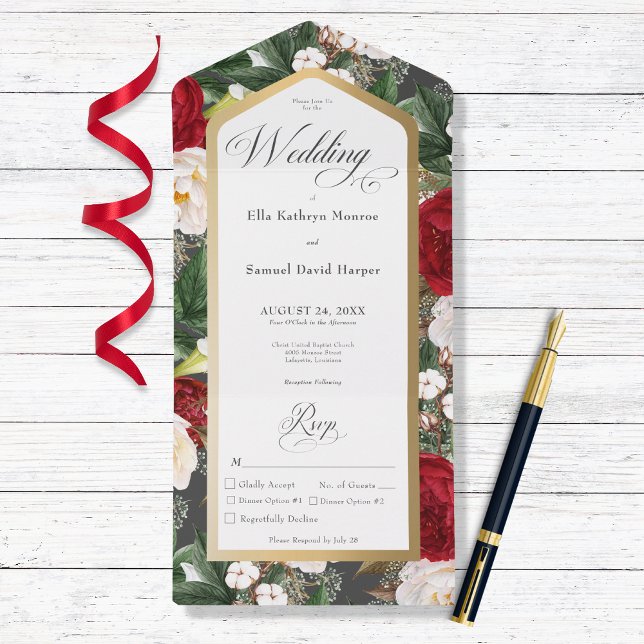 Rustic Red & White Floral Gold Frame Dinner All In One Invitation (Creator Uploaded)