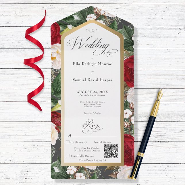 Rustic Red & White Floral Gold Frame QR Code All In One Invitation (Creator Uploaded)
