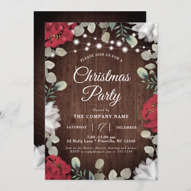 Rustic Red White Floral Lights Christmas Party  Invitation (Front/Back)