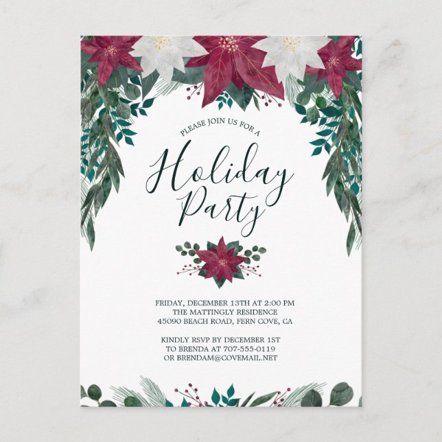 Rustic Red White Poinsettia Foliage Holiday Party  Invitation Postcard (Front)