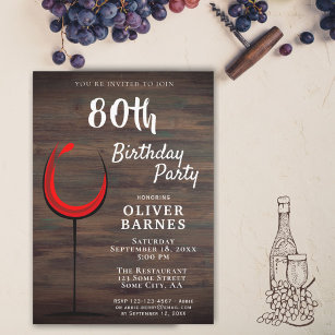 Rustic Red Wine 80th Birthday Party Invitation