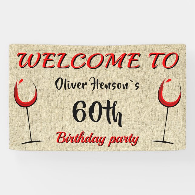 Rustic Red Wine Glass 60th Birthday Party Banner (Horizontal)